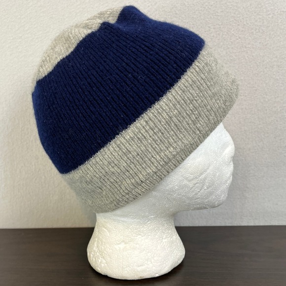 Vintage Striped Beanie Hat Navy Blue Gray 100% Wool Adult One Size Toque - Picture 4 of 8